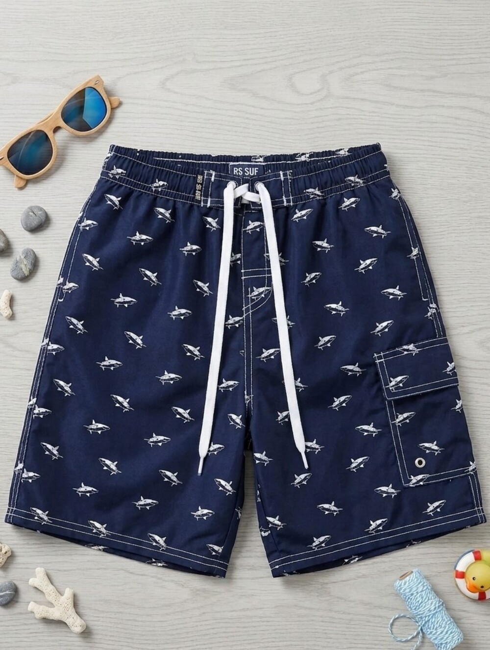 Kid's Navy Blue Shark-Print Boy’s Swim Trunks Sz 7